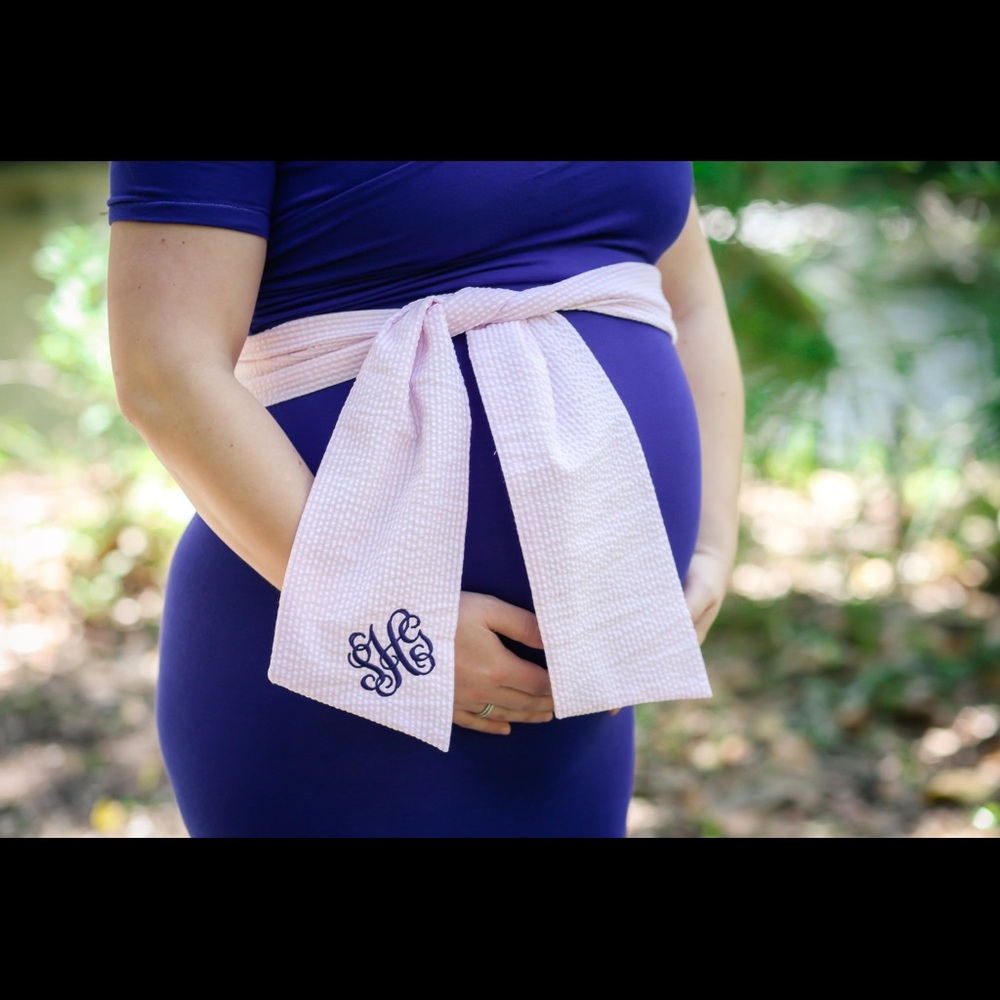 Blue or Pink Seersucker Maternity Belt Ribbon Prop